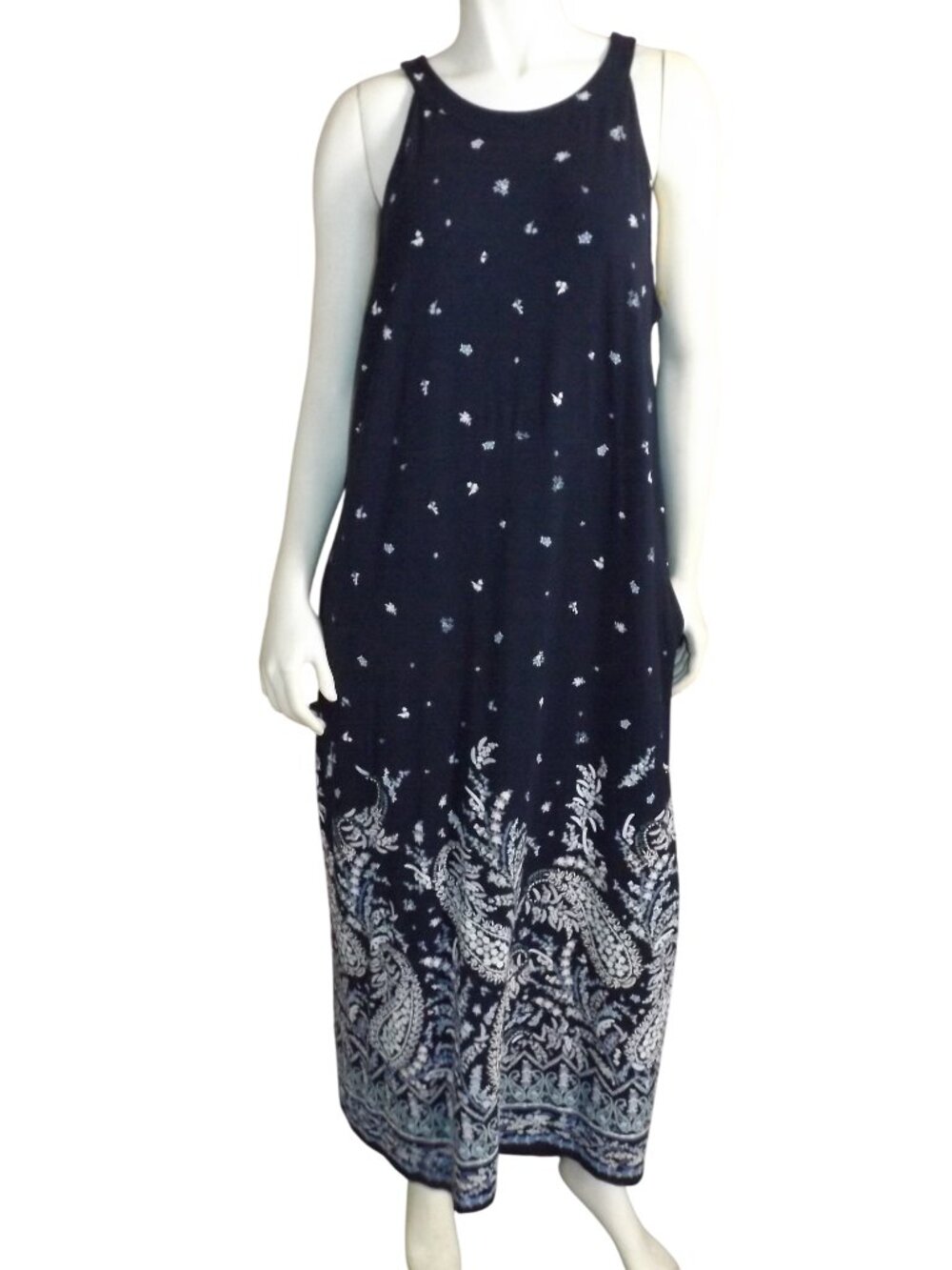 J. Jill Navy Maxi Dress, XL, Ditzy print/Multicolor Paisley hem, Pockets, Rayon